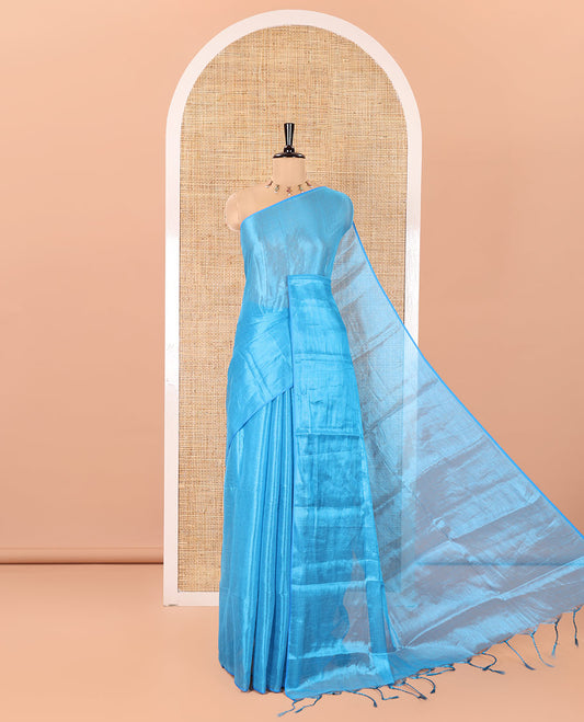 Borderless Blue Plain Khadi Tissue Saree, a Self-Pallu, and Paired with a Matching Blouse