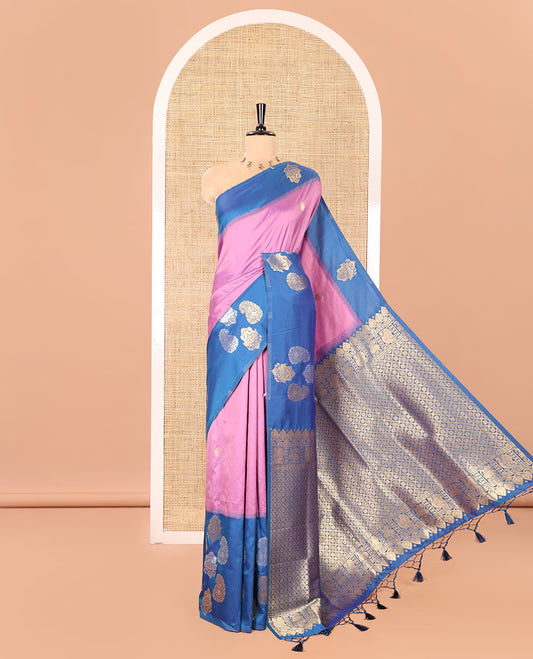 Pink Elite Soft Silk Saree, Embellished with Zari Buttas All Over Its Body, Complemented by Contrast Border Steeped with Zari Buttas, Grand Jaal Design Pallu, and Paired with a Contrast Blouse