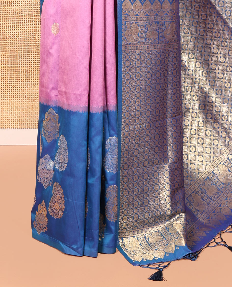 Pink Elite Soft Silk Saree, Embellished with Zari Buttas All Over Its Body, Complemented by Contrast Border Steeped with Zari Buttas, Grand Jaal Design Pallu, and Paired with a Contrast Blouse