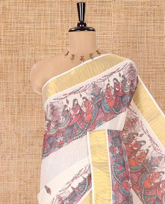 Half-White Kerala Cotton Saree, Artfully Detailed with Dancing Human Figurines Printed on Its Body, Highlighted by a Zari Border, Pallu Pictures the Same Print, and Paired with a Matching Printed Blouse