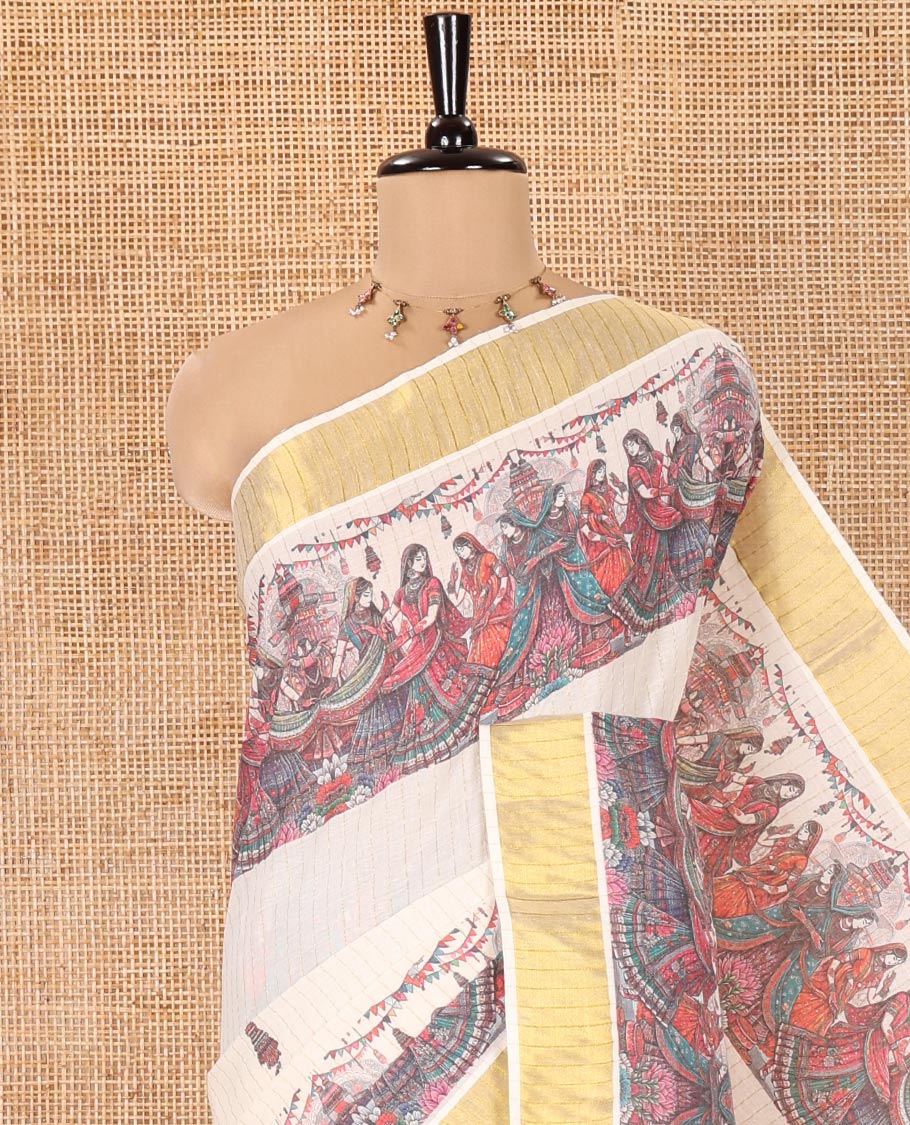 Half-White Kerala Cotton Saree, Artfully Detailed with Dancing Human Figurines Printed on Its Body, Highlighted by a Zari Border, Pallu Pictures the Same Print, and Paired with a Matching Printed Blouse