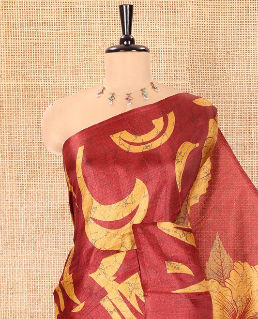 Borderless Maroon Art Khadi Mul Cotton Saree, Beautified with Batik Vines Print On Its Body, Pallu Features Hibiscus Flower Printed , and Comes with a Printed Blouse