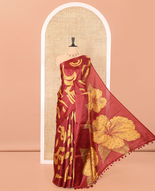 Borderless Maroon Art Khadi Mul Cotton Saree, Beautified with Batik Vines Print On Its Body, Pallu Features Hibiscus Flower Printed , and Comes with a Printed Blouse