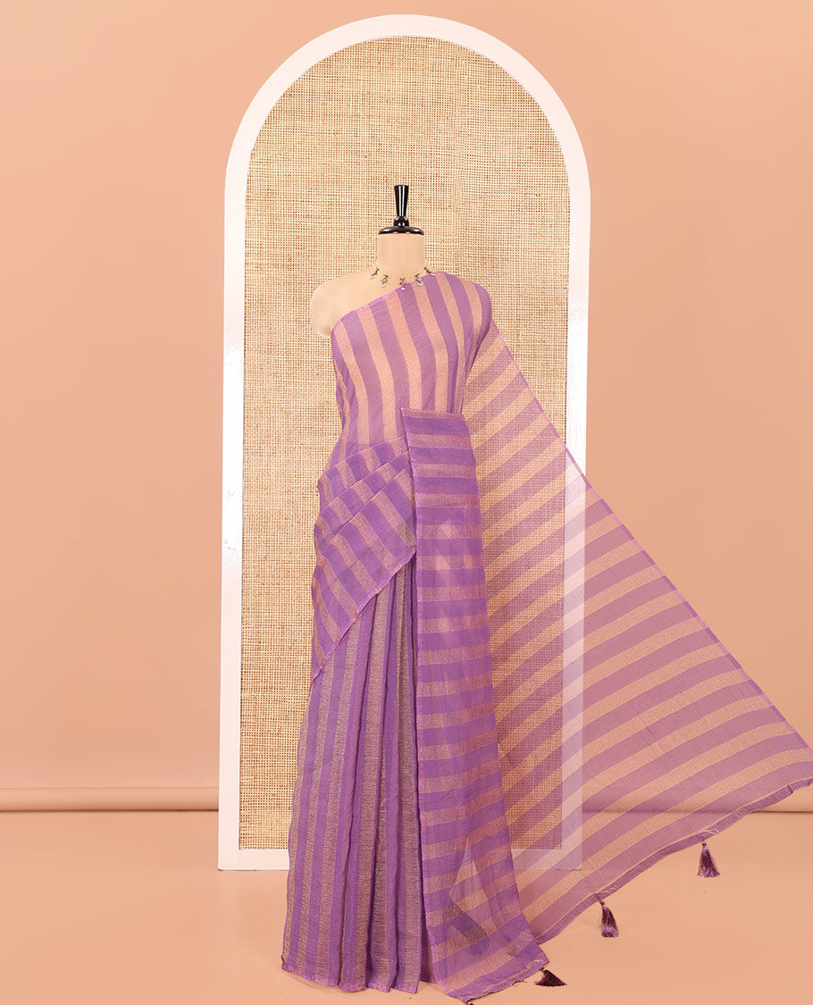 Borderless Lavender Light Weight Chiffon Saree, Gleamed Up with Vertical Stripes All Over Its Body, Subtle Self-Pallu, and Paired with a Matching Blouse