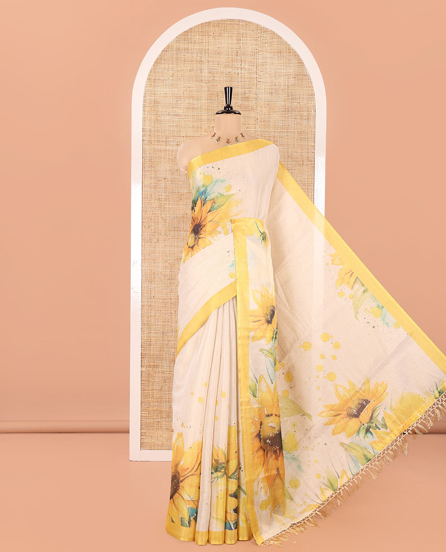 Cream Tissue Saree, Artfully Printed with SunFlower Motifs Printed On Its Body, Complemented by Contrast Border, Pallu Pictures Sunflower Motifs Print, and Paired with a Contrast Blouse