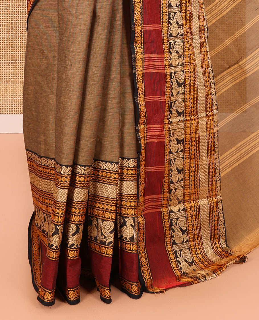 Light Brown Plain Chettinad Cotton Saree, Complemented by a Contrast Traditional Design Rettai Pettu Border of Peacock Designs, Subtly Striped Pallu, and Comes Without a Blouse