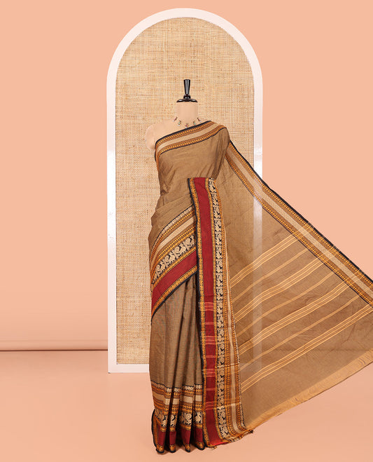 Light Brown Plain Chettinad Cotton Saree, Complemented by a Contrast Traditional Design Rettai Pettu Border of Peacock Designs, Subtly Striped Pallu, and Comes Without a Blouse
