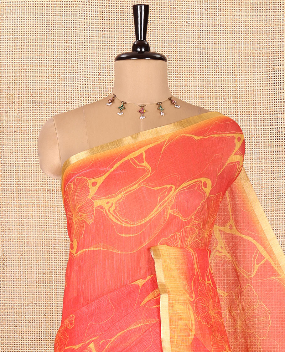 Red Linen Cotton Saree, Elevated with Abstract Floral Print On Its Body, Subtle Piping Border, Pallu of Floral and Geometric Print, and Paired with a Contrast Blouse