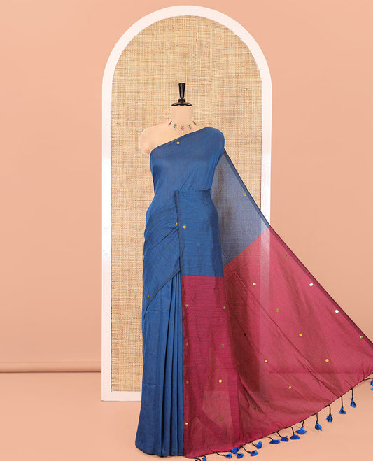 Borderless Blue Khadi Mul Cotton Saree, Adorned with Sequins Work All Over Its Body, Complemented by Contrast Pallu of Sequins Work and Paired with a Contrast Blouse