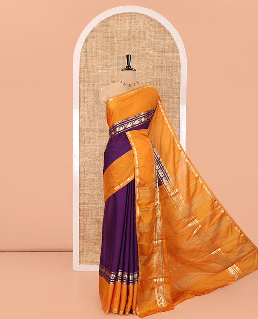 Violet Plain Art Mysore Silk Saree, Complemented by Captivating Contrast Rettai Pettu Traditional Border of Elephant Zari Buttas, Striped Pallu, and Paired with a Contrast Blouse