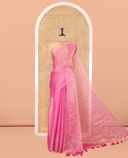 Borderless Pink Fendy Chiffon Saree, Gleamed Up with Sequin Work on Its Body, Highlighted by a Self-Pallu of Sequin Work, and Paired with a Matching Blouse