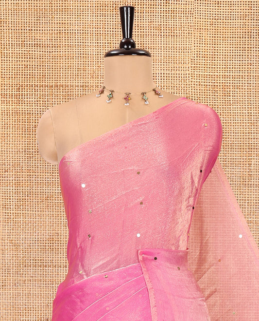 Borderless Pink Fendy Chiffon Saree, Gleamed Up with Sequin Work on Its Body, Highlighted by a Self-Pallu of Sequin Work, and Paired with a Matching Blouse