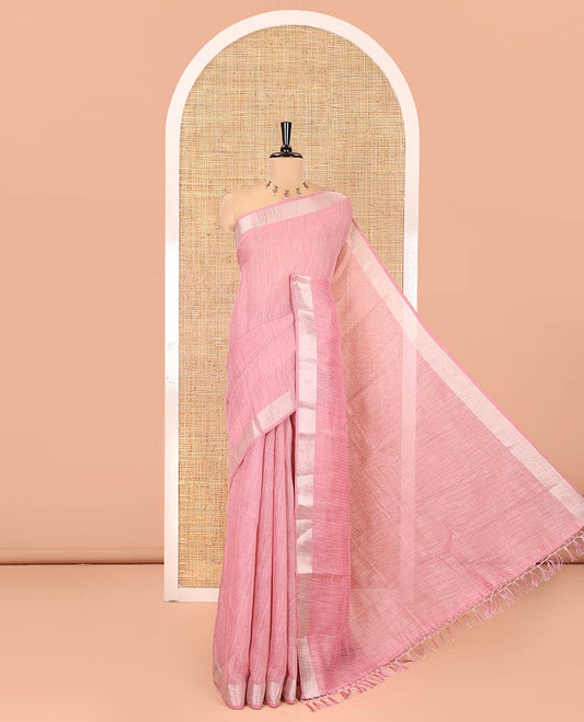 Onion Pink Linen Zari Cotton Saree, Gleamed Up with Zari Stripes All Over Its Body, a Subtle Zari Border, a Self-Pallu, and Comes Without a Blouse