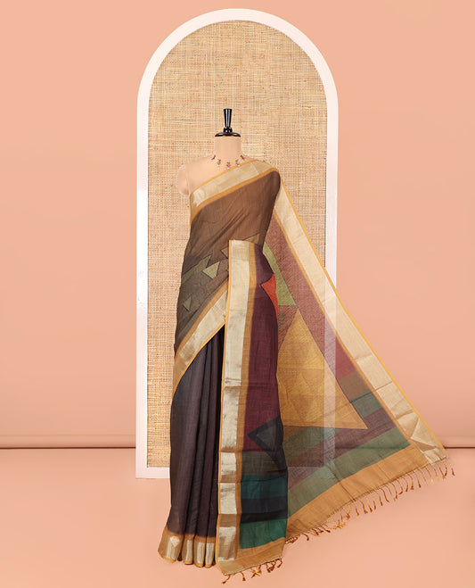 Coffee Brown and Green Linen Cotton Saree, Elevated with Geometric Print on Its Body, Complemented by Contrast Zari Border, Geometric Printed Pallu, and Paired with a Contrast Blouse
