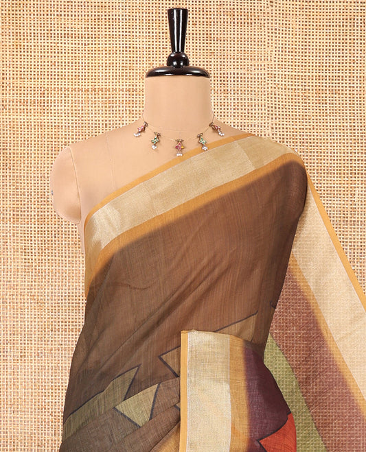 Coffee Brown and Green Linen Cotton Saree, Elevated with Geometric Print on Its Body, Complemented by Contrast Zari Border, Geometric Printed Pallu, and Paired with a Contrast Blouse