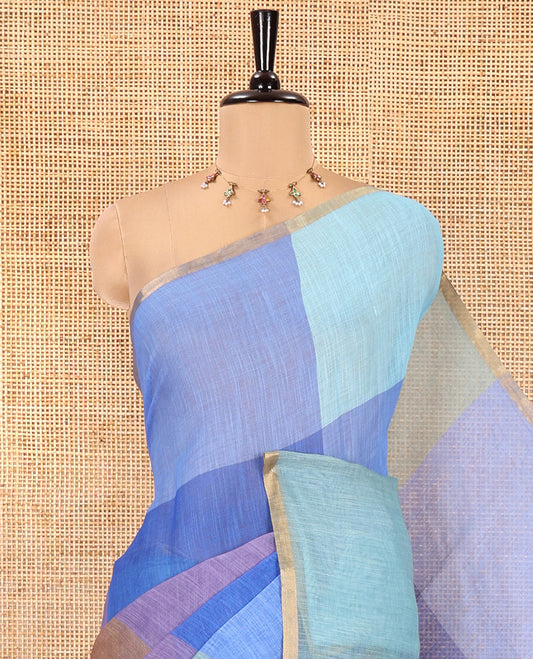 Borderless Blue Linen Cotton Saree , Macro-Checked Design on Its Body, a Self-Pallu, and Contrast-Printed Blouse