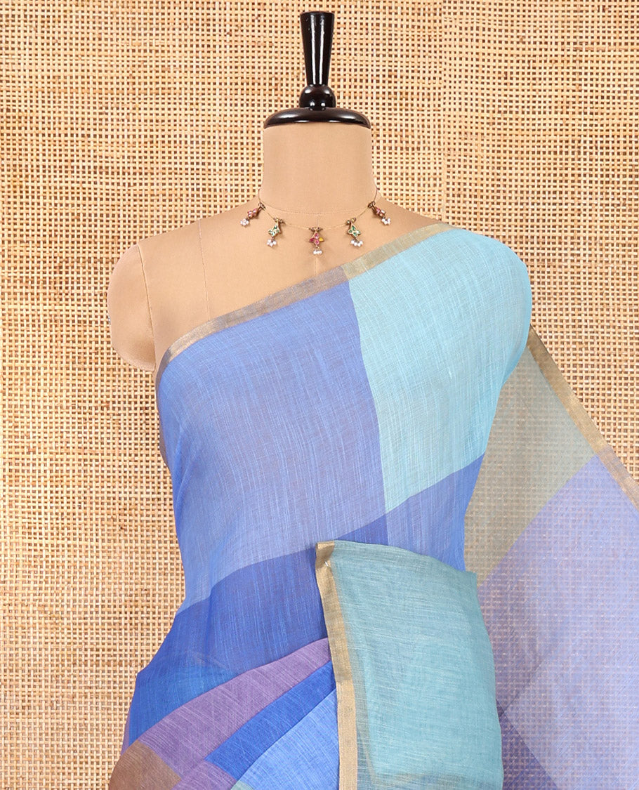 Borderless Blue Linen Cotton Saree, Embellished with Macro-Checked Design on Its Body, a Self-Pallu, and Paired with a Contrast-Printed Blouse