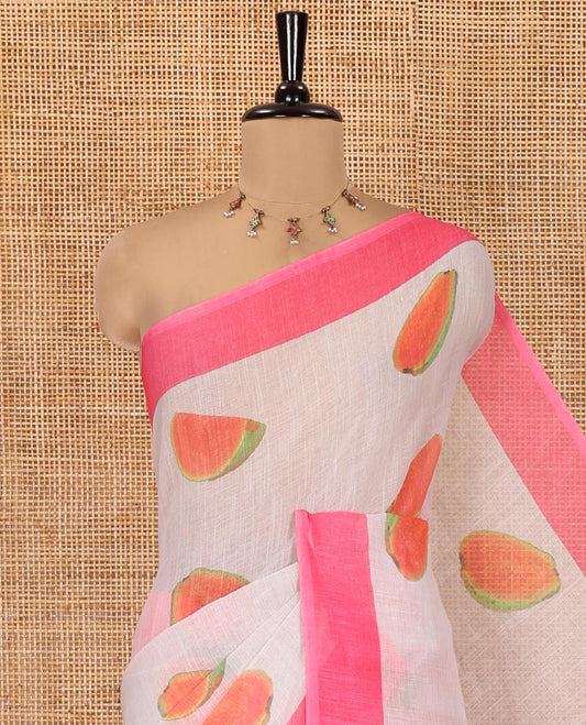 Cream Linen Cotton Saree, Artfully Printed with Guava Motifs All Over Its Body, Complemented by a Contrast Plain Border, Pallu Steeped with Guava Motifs, and Paired with a Contrast Blouse