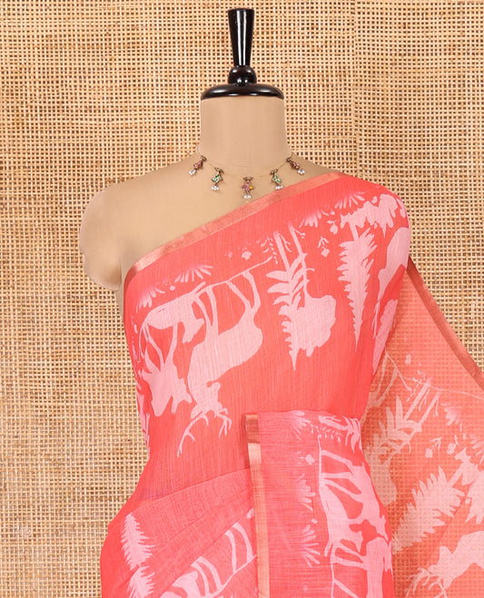 Pink Christmas-Themed Linen Cotton Saree, Elevated with Christmas Tree Motifs Printed on Its Body, a Subtle Piping Border, Pallu of Christmas-Themed Print, and Paired with a Contrast Floral Printed Blouse