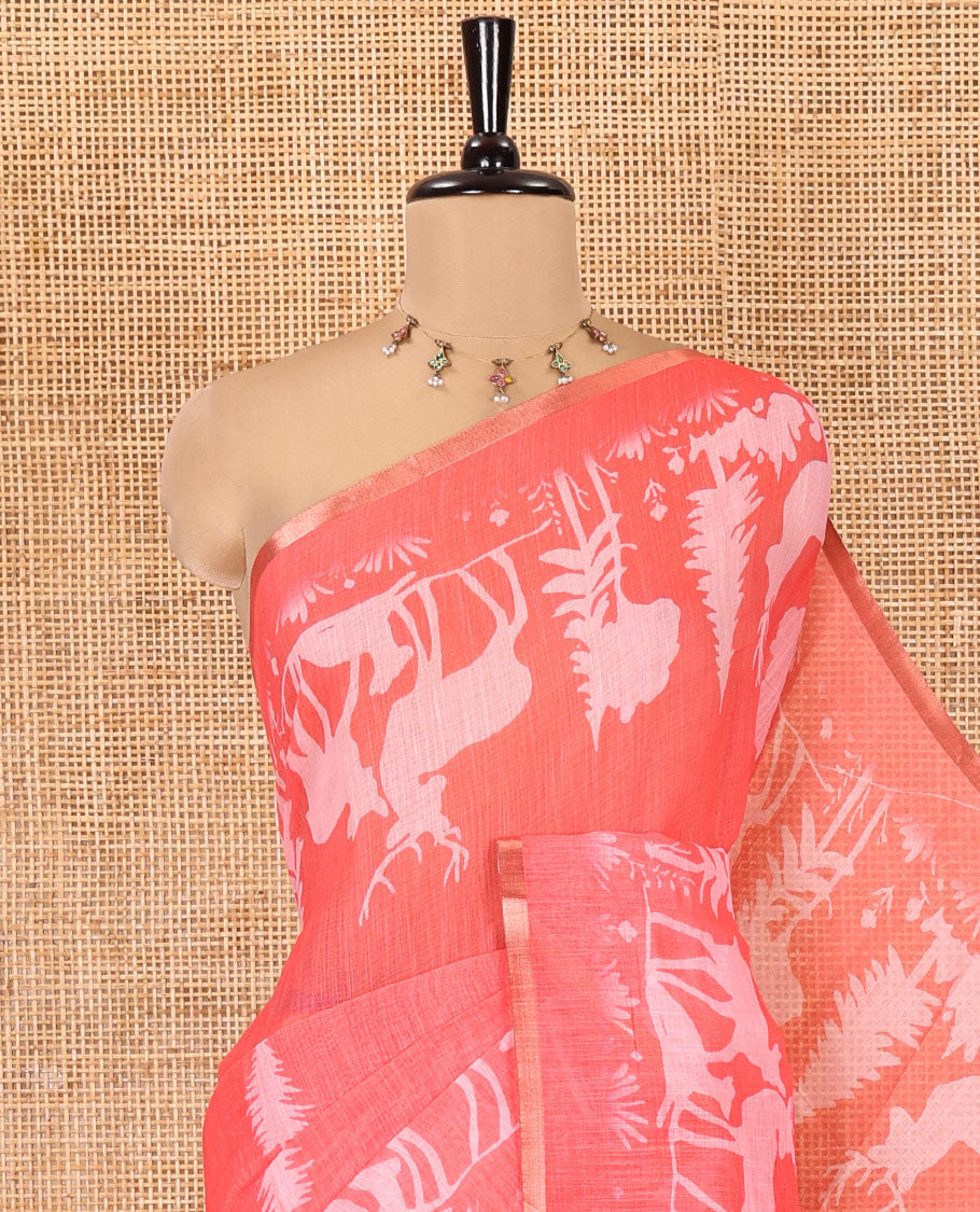 Pink Christmas-Themed Linen Cotton Saree, Elevated with Christmas Tree Motifs Printed on Its Body, a Subtle Piping Border, Pallu of Christmas-Themed Print, and Paired with a Contrast Floral Printed Blouse
