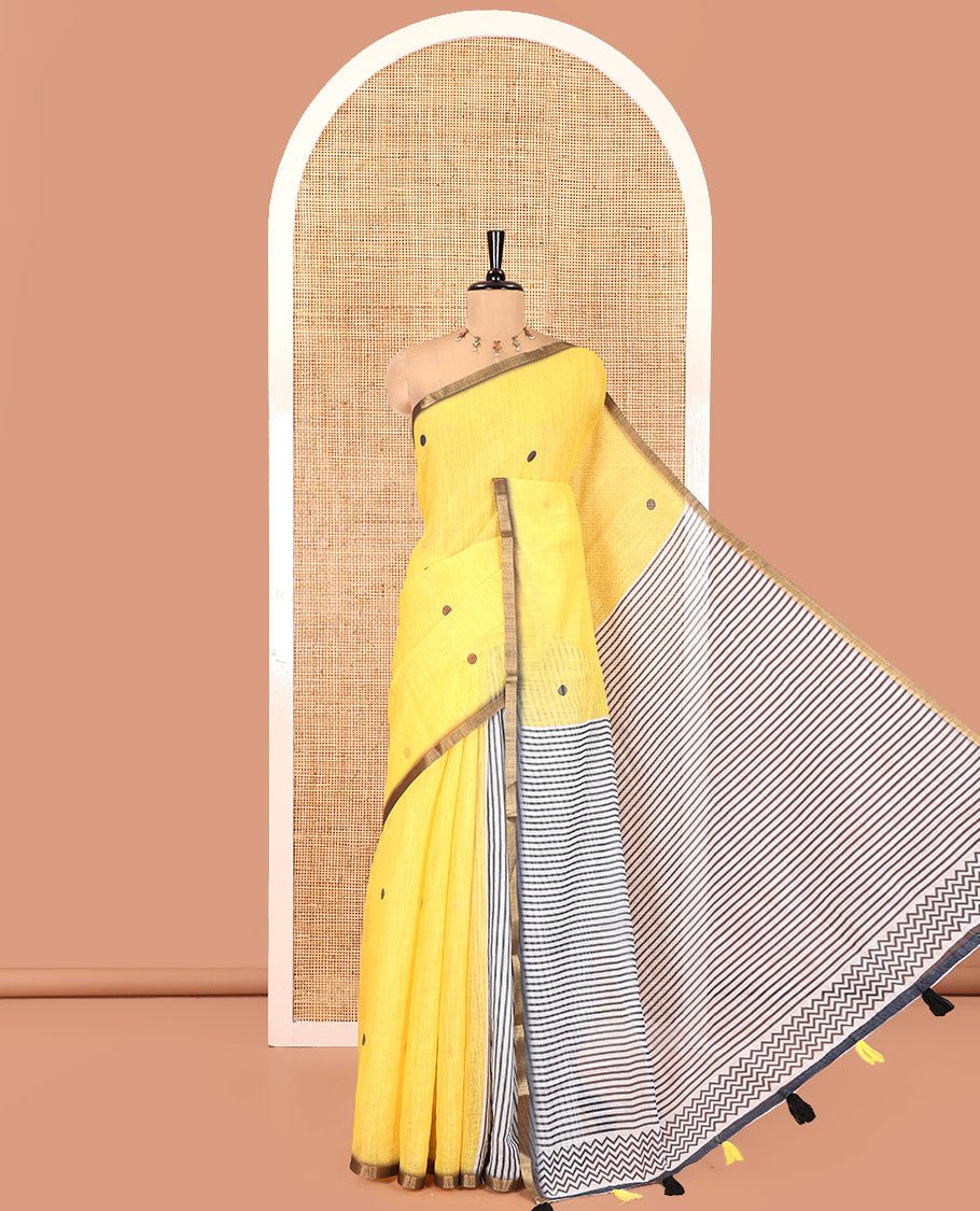 Yellow Linen Cotton Saree, Adorned with Half-And-Half-Style Polka Dots, a Subtle Piping Border, Contrast Vertically Striped Pallu, and a Contrast Blouse