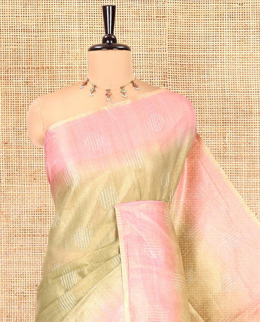Parrot Green Bhagalpur Cotton Saree, Adorned with Buttas, Complemented by a Contrast Border, Pallu, and a Contrast Blouse