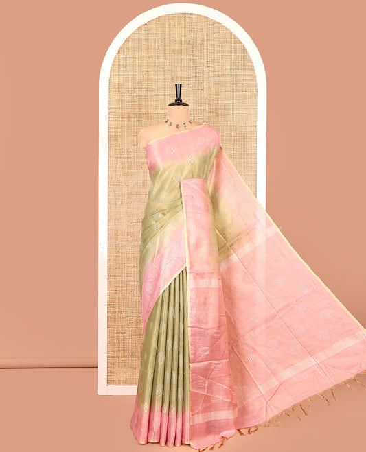 Parrot Green Bhagalpur Cotton Saree, Adorned with Buttas, Complemented by a Contrast Border, Pallu, and a Contrast Blouse