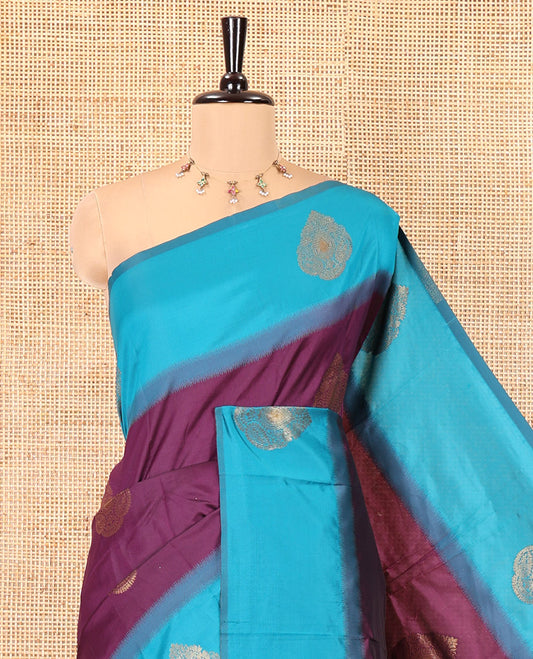Wine Semi Katan Silk Saree, Elevated with Zari Buttas, a Contrast Border, Intricate Pallu, and a Contrast Blouse