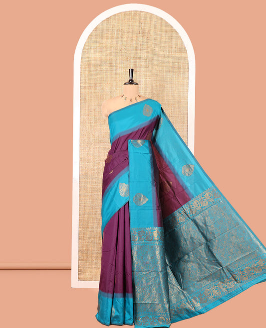 Wine Semi Katan Silk Saree, Elevated with Zari Buttas, a Contrast Border, Intricate Pallu, and a Contrast Blouse
