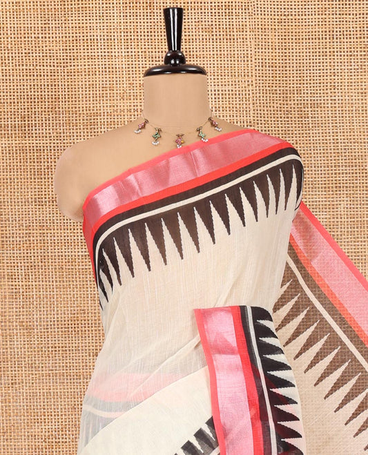 Cream Plain Linen Cotton Saree, Complemented by a Contrast Zari Temple Border, Contrast Pallu, and a Contrast Blouse