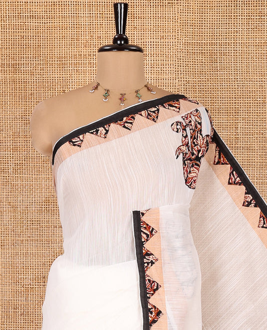 White-Black Khadi Linen Saree, Artfully Crafted with Elephant Appliqué Work, Contrast Temple Appliqué Border and a Plain Blouse