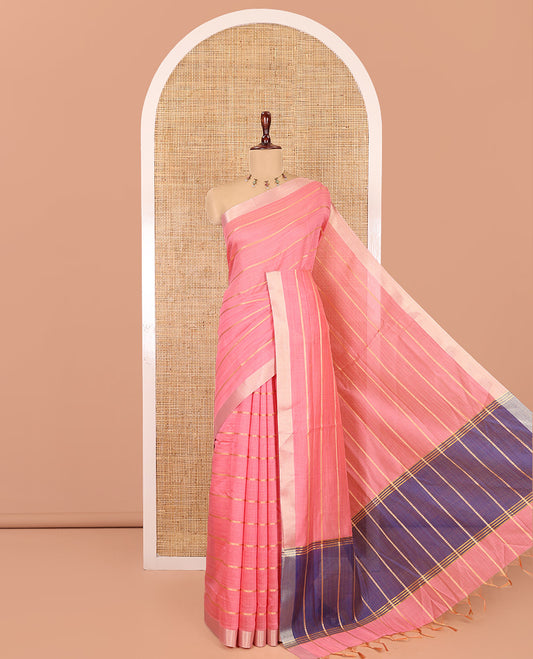 Baby Pink Semi-Silk Cotton Saree, Beautified with Veldhari Stripes, Gold Zari Border, Contrast Striped Pallu and a Contrast Blouse