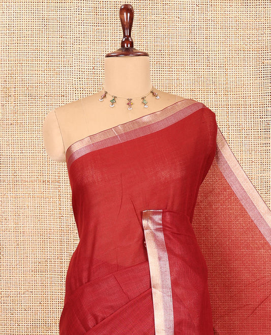 Maroon Plain Linen Cotton Saree, a Subtle Zari Border, a Self-Pallu, and Matching Blouse