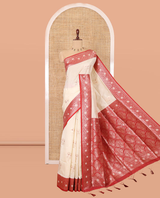 Cream-Red Elite Soft Silk Saree, Decorated with Zari Buttas, a Contrast Floral Creeper Border, Intricate Pallu, and a Contrast Blouse