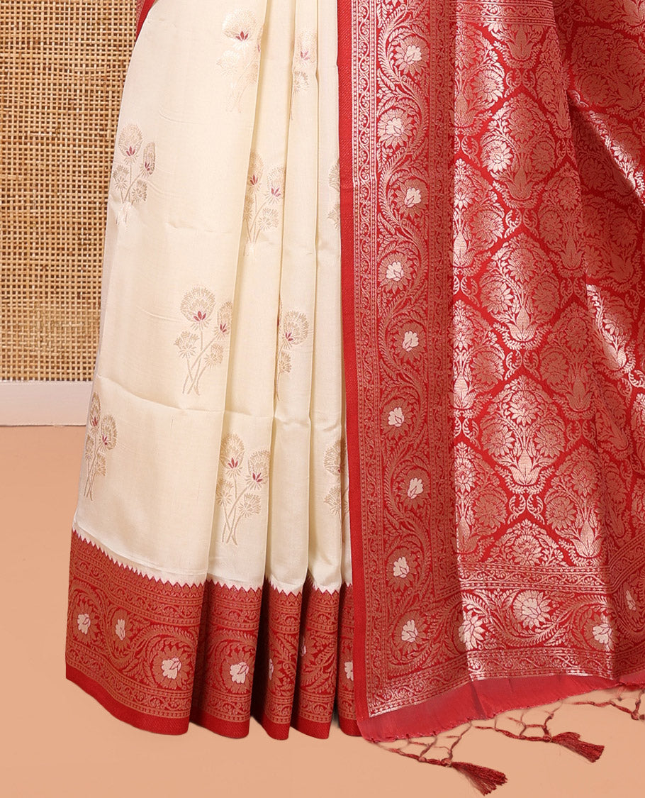 Cream-Red Elite Soft Silk Saree, Decorated with Zari Buttas, a Contrast Floral Creeper Border, Intricate Pallu, and a Contrast Blouse