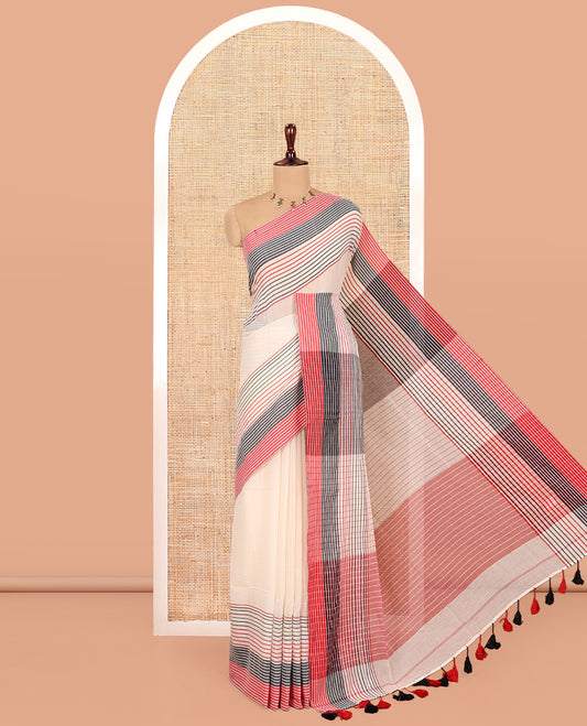 Cream Plain Khadi Mul Cotton Saree, Contrast Horizontal Striped Border, Striped Pallu, and No Blouse