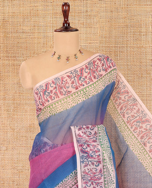 Pink Plain Ombre-Styled Kota Doria Saree, a Contrast Floral Printed Border, and a Contrast Printed Blouse