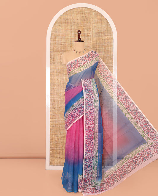 Pink Plain Ombre-Styled Kota Doria Saree, a Contrast Floral Printed Border, and a Contrast Printed Blouse