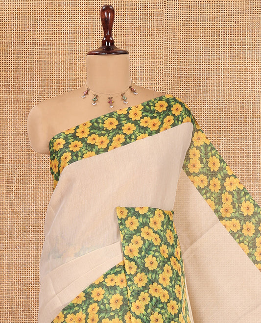 Gold Plain Tissue Saree, Complemented by a Contrast Floral Motif-Printed Border, a Self-Pallu, and a Contrast Blouse