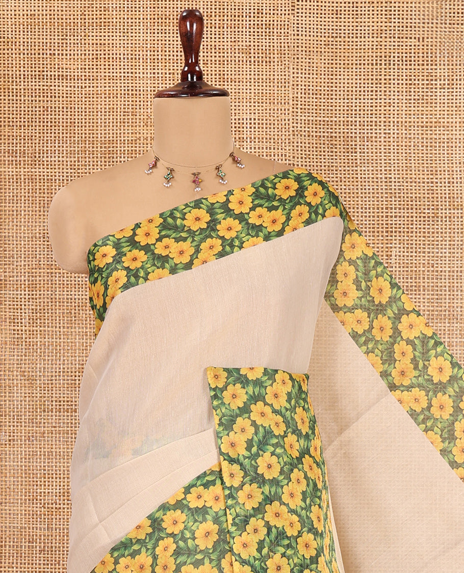 Gold Plain Tissue Saree, Complemented by a Contrast Floral Motif-Printed Border, a Self-Pallu, and a Contrast Blouse