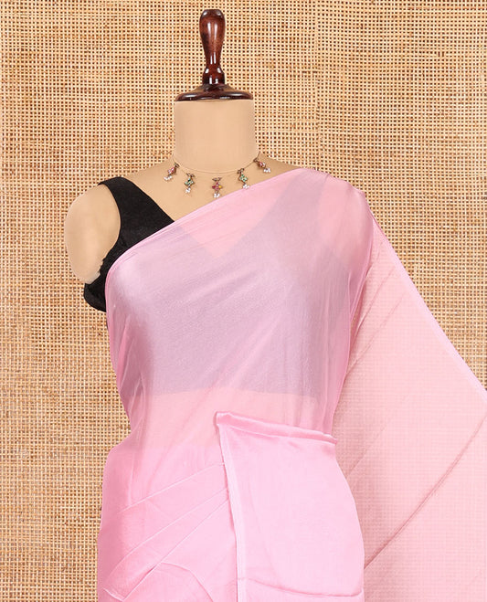 Borderless Baby Pink Plain Crushed Rangoli Chiffon Saree, Comes with a Matching Designer Blouse