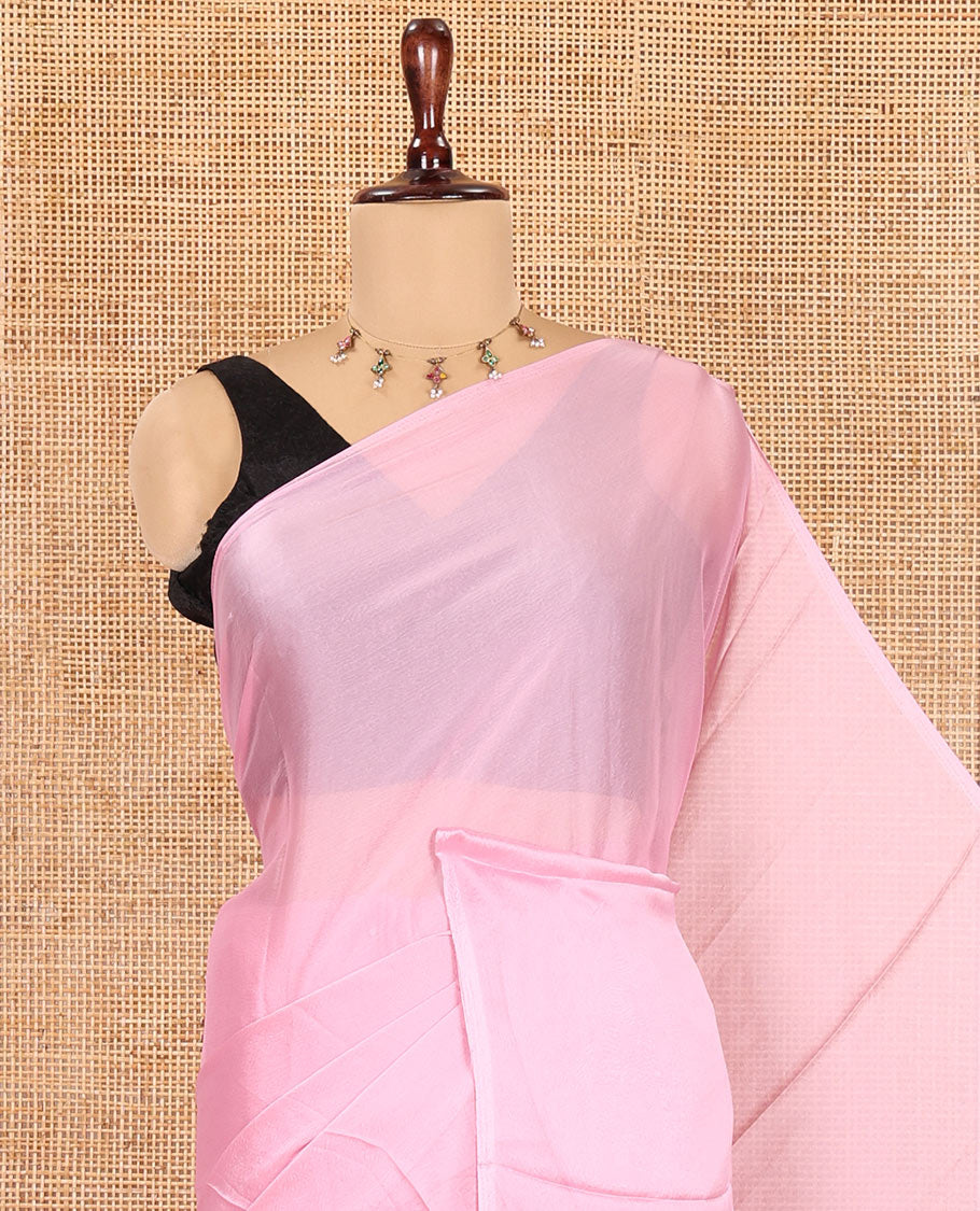 Borderless Baby Pink Plain Crushed Rangoli Chiffon Saree, Comes with a Matching Designer Blouse