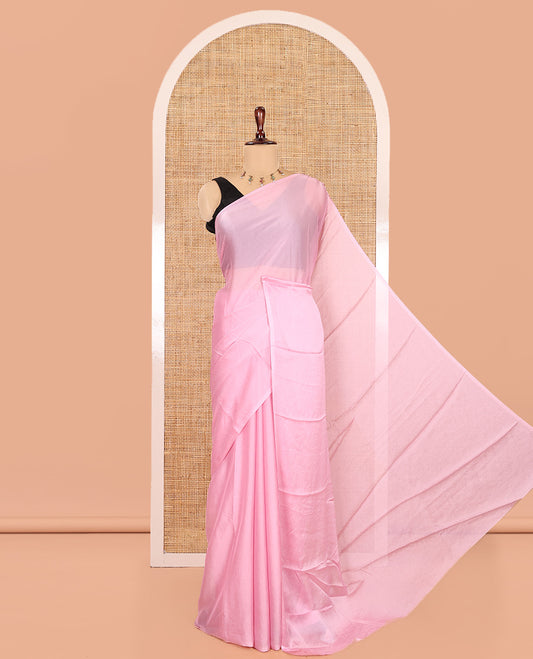 Borderless Baby Pink Plain Crushed Rangoli Chiffon Saree, Comes with a Matching Designer Blouse