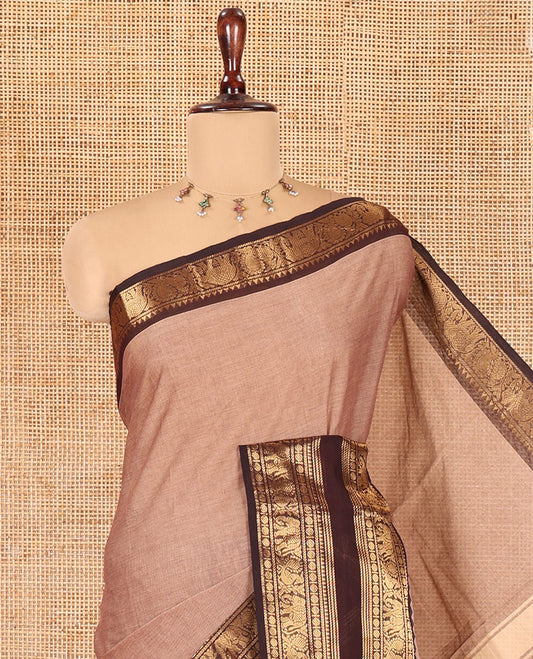 Brown Plain Chettinad Cotton Saree, a Contrast Traditional Rettai Pettu Temple Border, Striped Palu, and a Matching Blouse