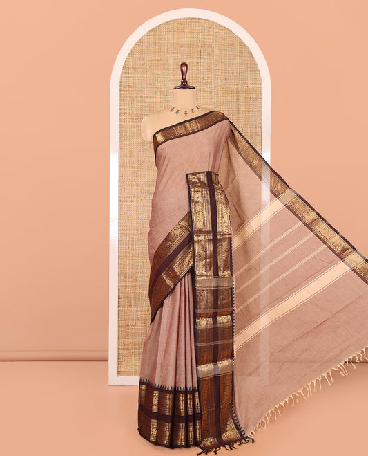 Brown Plain Chettinad Cotton Saree, a Contrast Traditional Rettai Pettu Temple Border, Striped Palu, and a Matching Blouse