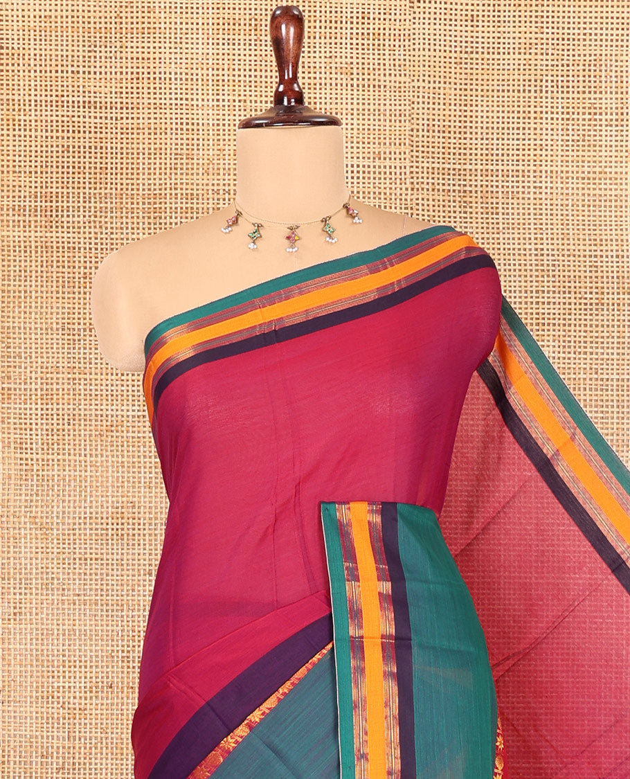 Purple Mercerised Cotton Saree, Adorned with Multi-Colour Stripes, a Contrast Border, Striped Pallu, and a Matching Blouse