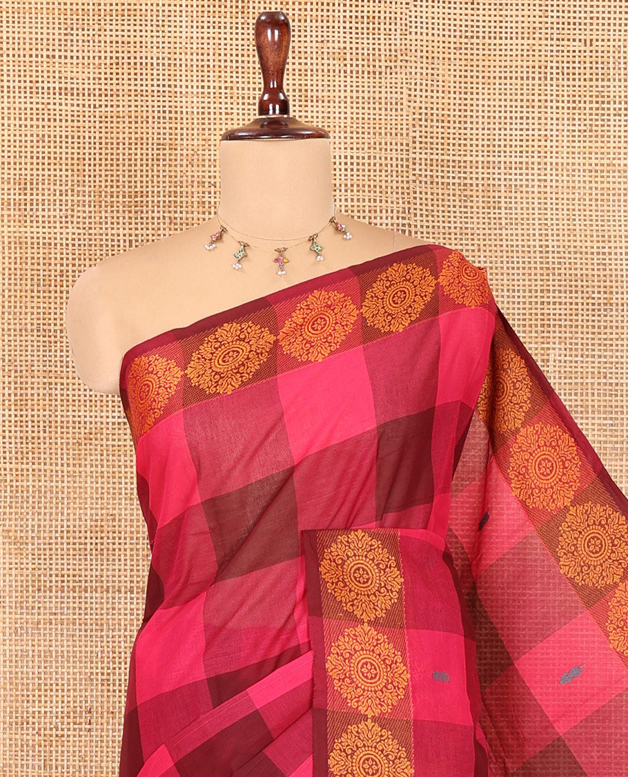 Pink Checked Chettinad Cotton Saree, Subtly Sparkled with Buttas, a Subtle Thread Border, Striped Pallu, and No Blouse