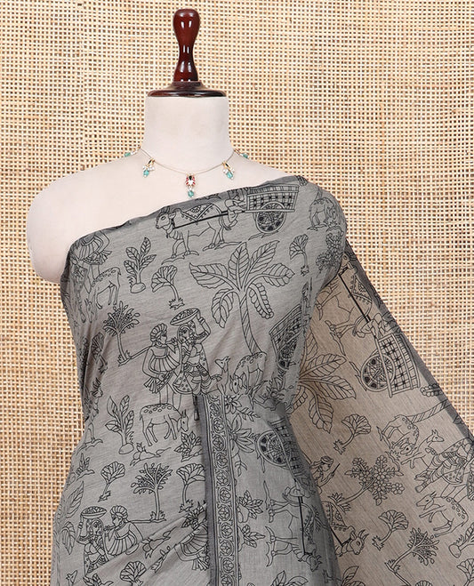 Borderless Light Brown South Cotton Saree Features Traditional Village-Theme Print, and a Matching Blouse