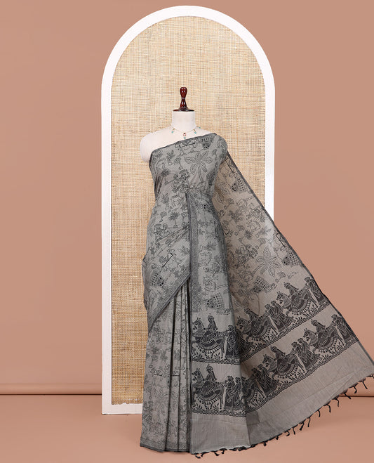 Borderless Light Brown South Cotton Saree Features Traditional Village-Theme Print, and a Matching Blouse