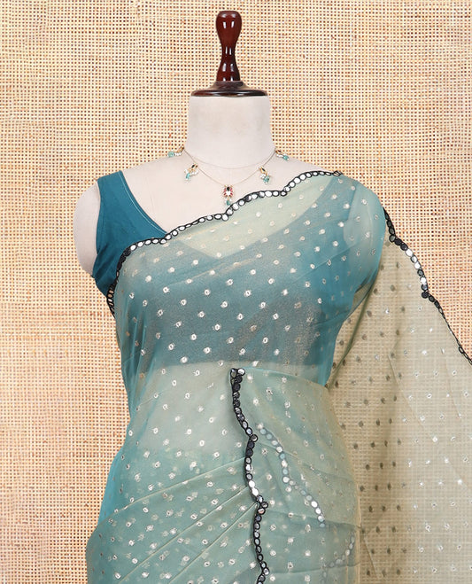 Sea Green Shimmer Chiffon Saree, Steeped with Buttas, a Scallop Mirror Work Border, and a Matching Blouse